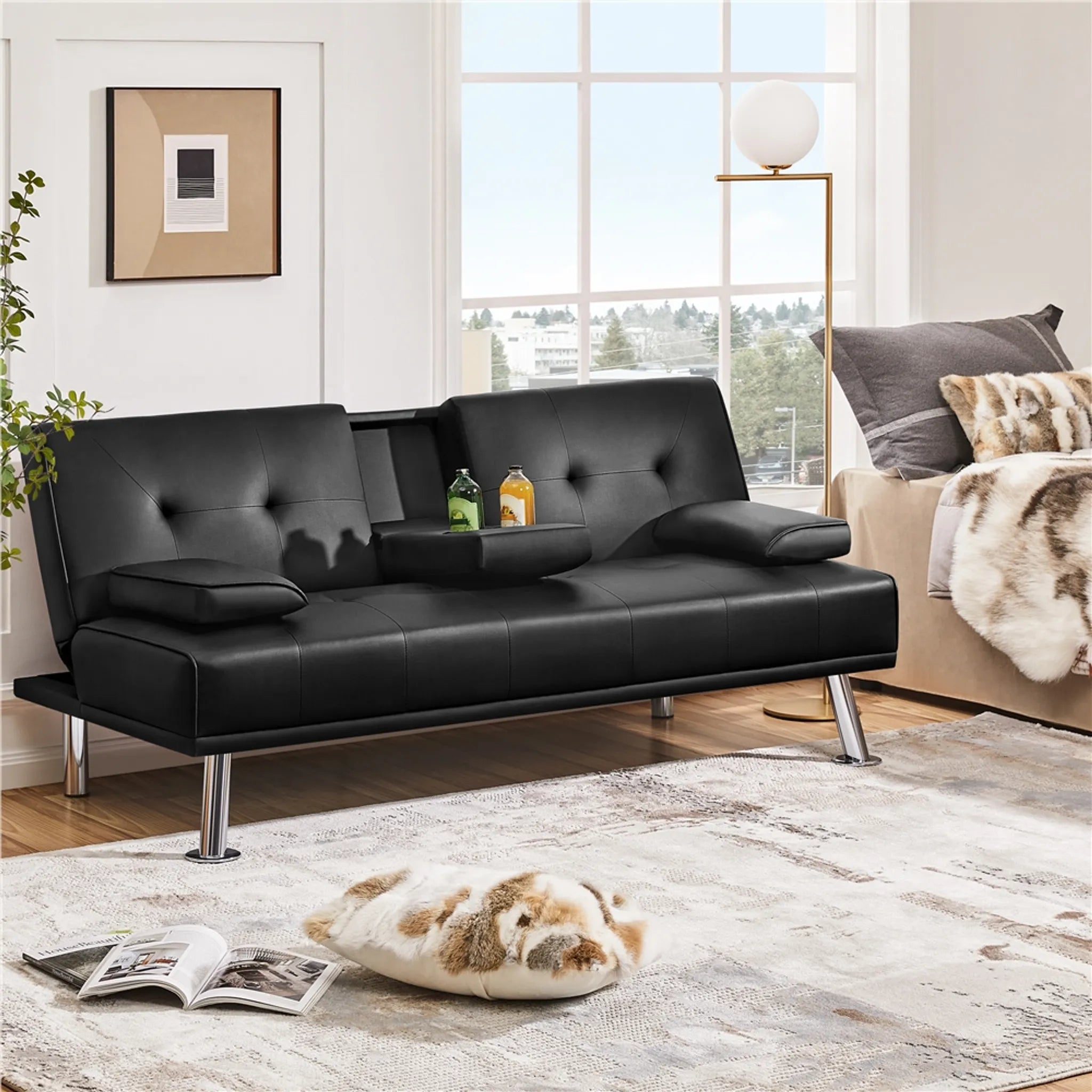 Canapé convertible 3 places avec porte-gobelet  167 x 81,5 x 75 cm simili cuir noir