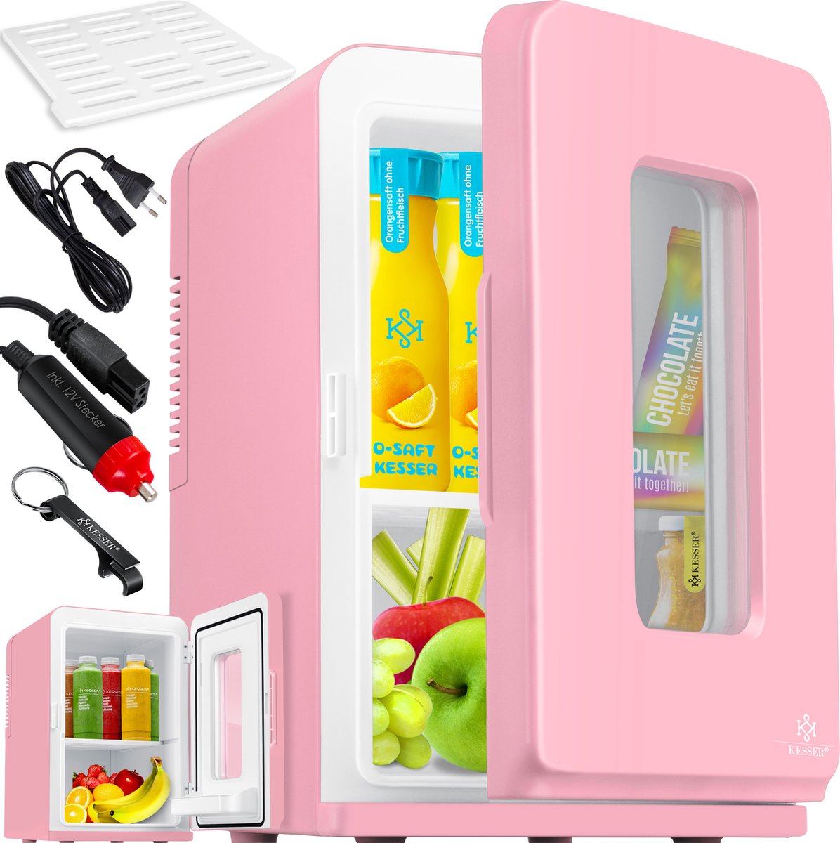 2in1 Mini frigo Réfrigérateur Glacière 15 litres Portable AC DC 220-240V/12V Prise électrique et allume-cigare Rose / 15L