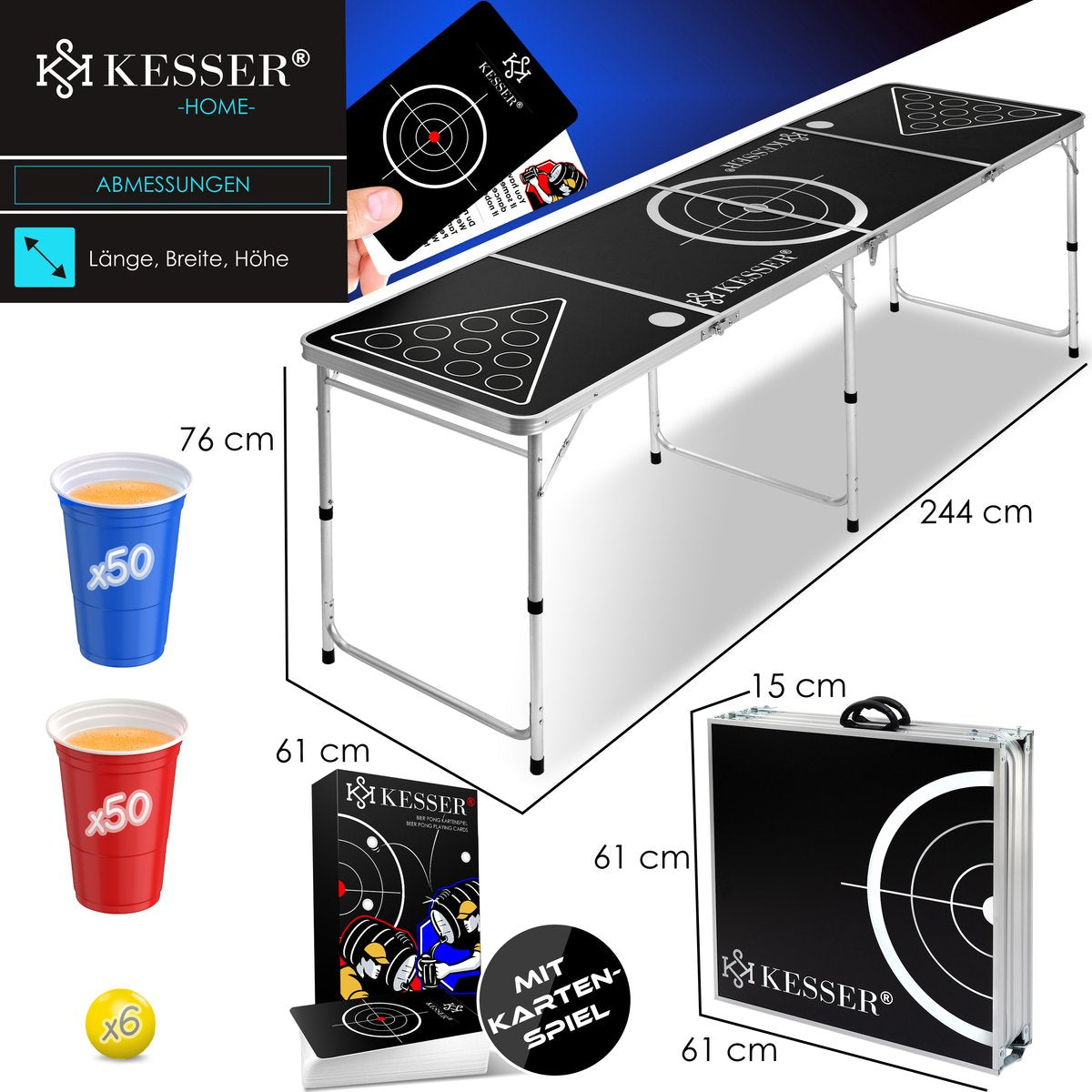 Set jeu de table Beer Pong avec de cartes - 100 gobelets inclus (50 rouges & 50 bleus) 6 balles  réglable en hauteur