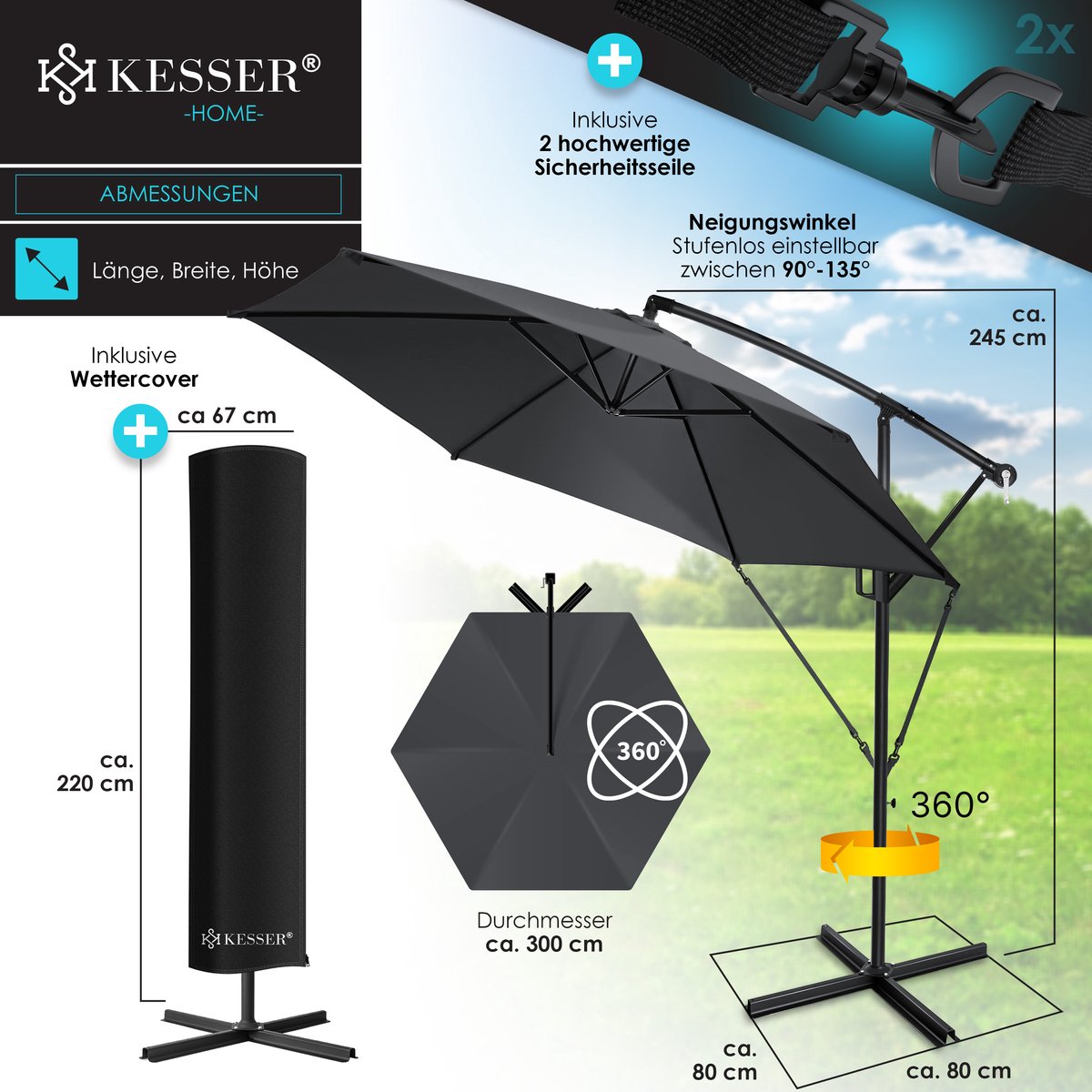 Parasol déporté  avec pied 300cm x 300cm  rotatif à 360° Housse de protection