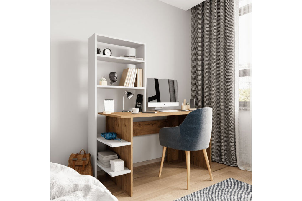 Bureau Bibliothèque Bois Mélaminé Chêne-blanc 120x55x150 Cm
