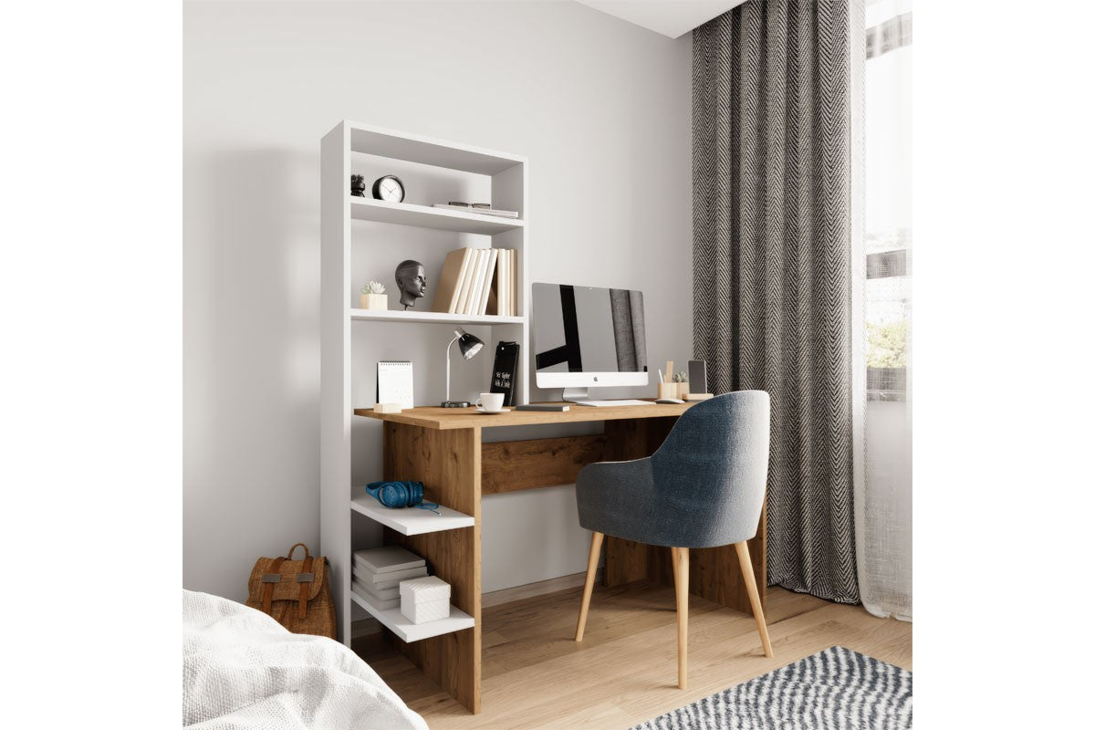 Bureau Bibliothèque Bois Mélaminé Chêne-blanc 120x55x150 Cm