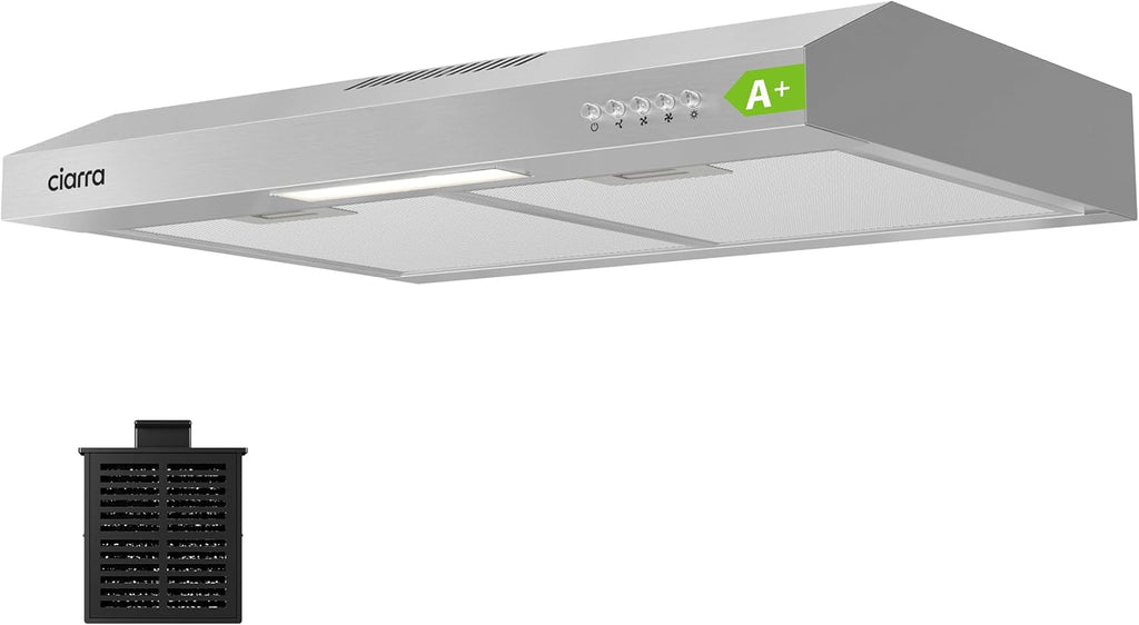 CIARRA Hotte visière 60cm Classe A+ 3 vitesses 220m³/h Recyclage & Evacuation Hotte aspirante encastrable - Inox
