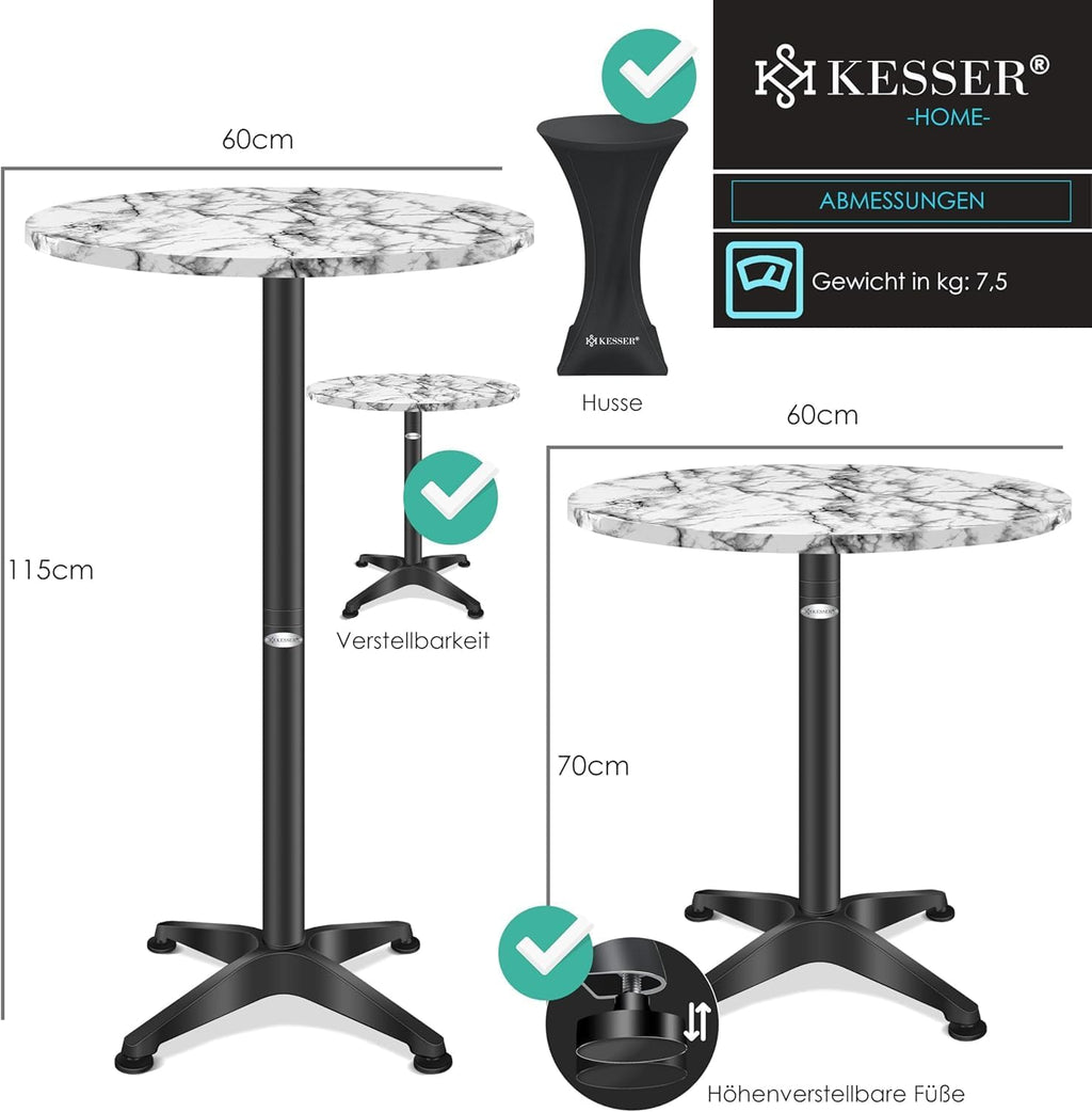 Table de bistrot 2 en 1  Plateau en aluminium et acier inoxydable - Hauteur réglable 70 cm/115 cm Marbre