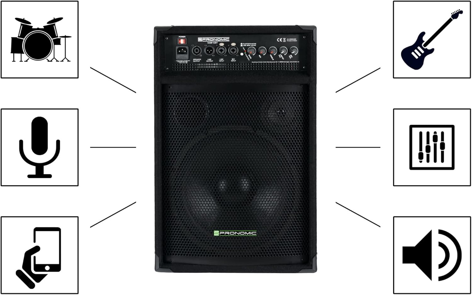 Enceinte PA avec Bluetooth - 120 Watts (RMS), Égaliseur 3 Bandes - Woofer 12" - Tweeter 3"