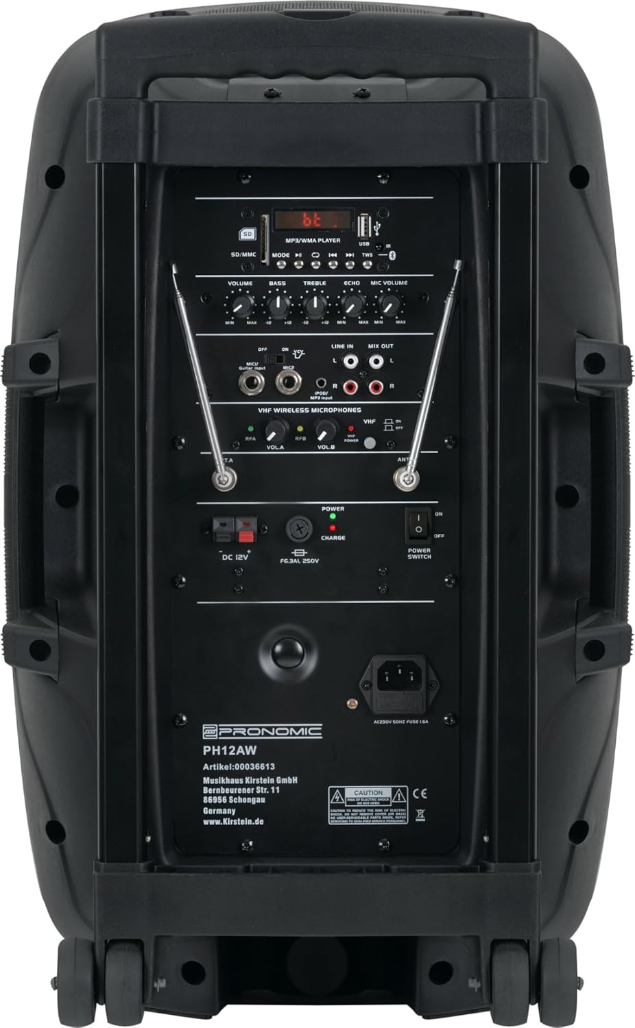 Enceinte Active 12" sur Batterie, 80W RMS, 5h autonomie, Bluetooth, MP3/SD/USB, Micro sans Fil, Casque, télécommande Trolley.