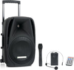 Enceinte Active 12" sur Batterie, 80W RMS, 5h autonomie, Bluetooth, MP3/SD/USB, Micro sans Fil, Casque, télécommande Trolley.
