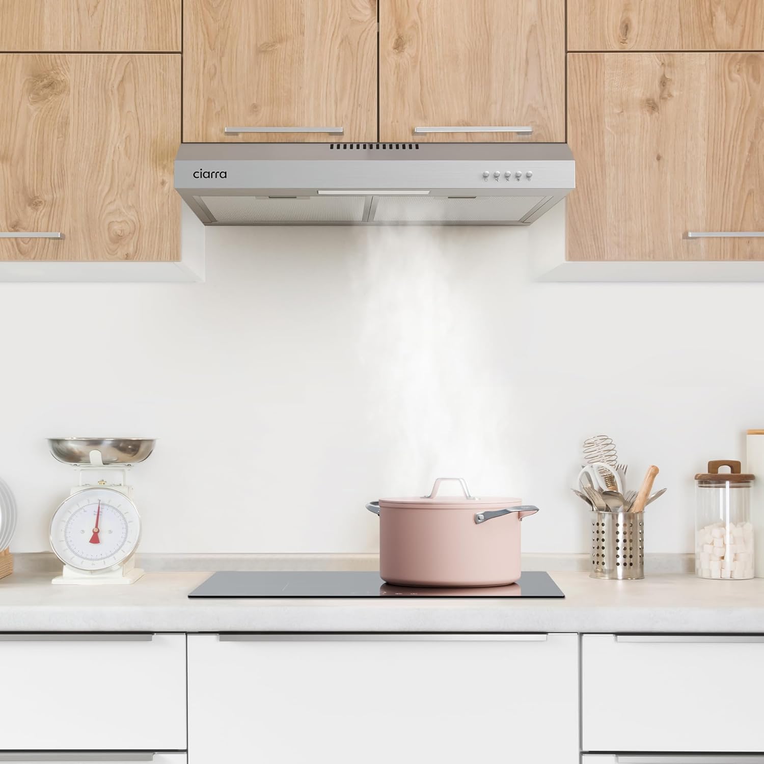 CIARRA Hotte visière 60cm Classe A+ 3 vitesses 220m³/h Recyclage & Evacuation Hotte aspirante encastrable - Inox