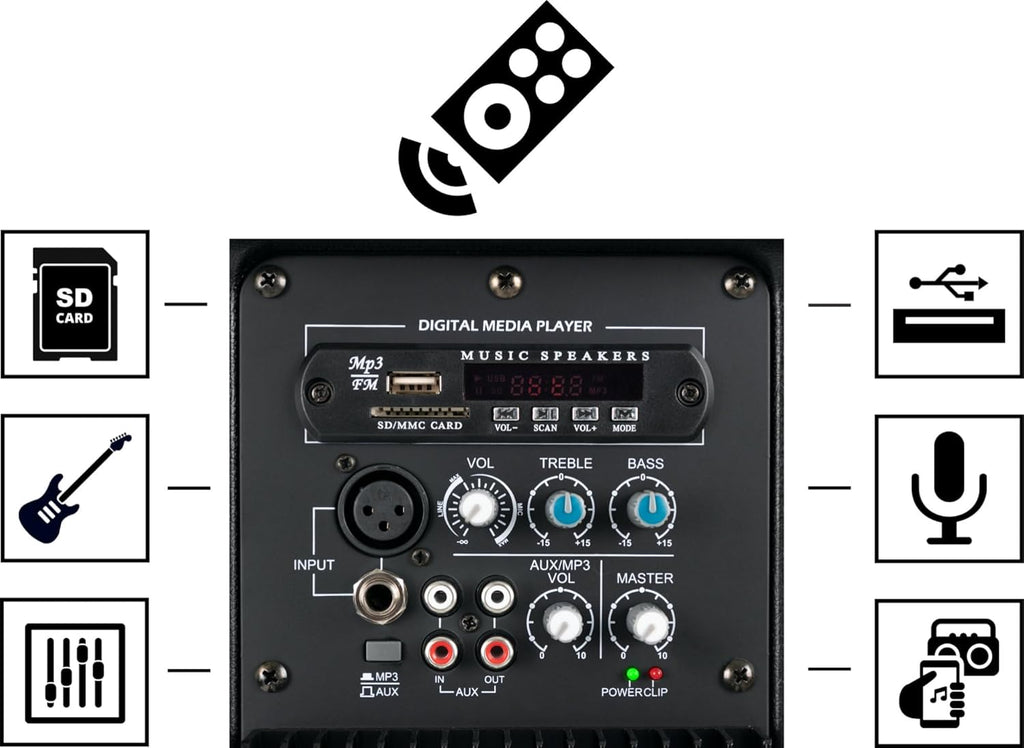 Pronomic E-210 MA - Enceinte 2 Voies Active - Puissance : 100 Watts (RMS) - Woofer 10" + Compression Driver 1,0" - Récepteur Bluetooth et Lecteur MP3 avec USB/SD - Inclinaison Monitor