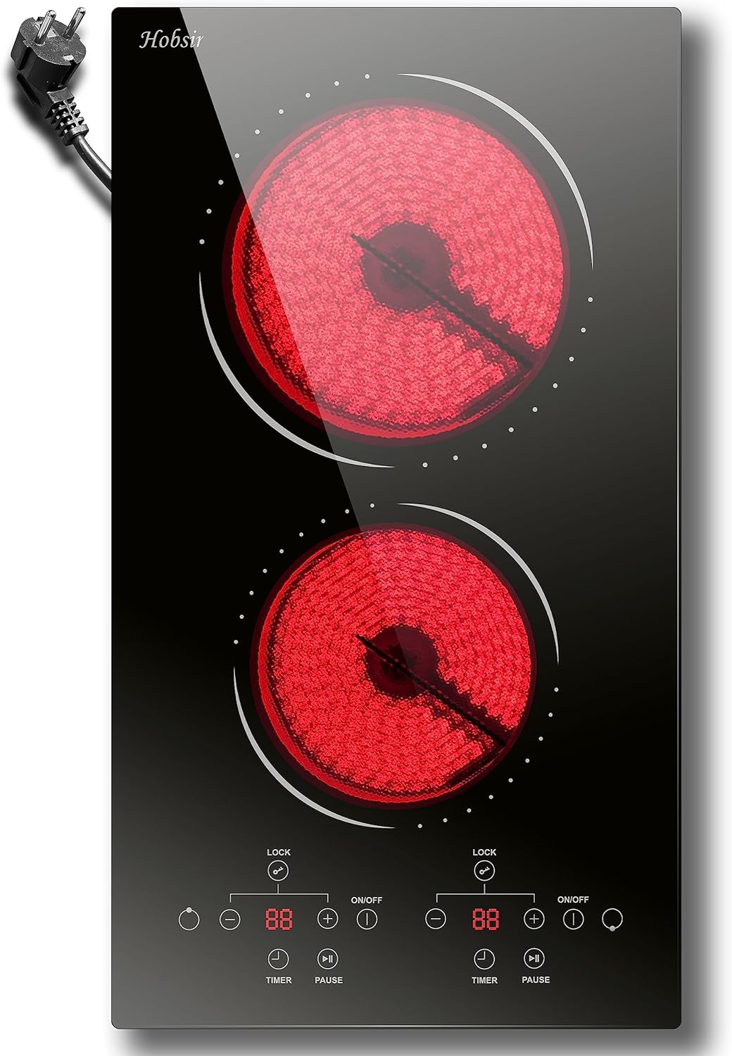 Plaque de cuisson Vitrocéramique 2 Feux avec Prise, 30cm Encastrable, 3000W,  Tactile I9 Niveaux, Minuterie