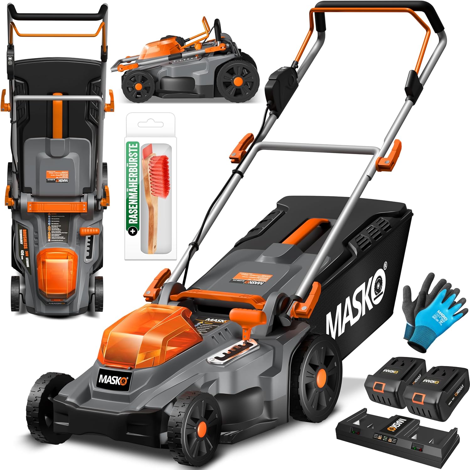 Tondeuse à gazon à batterie MASKO® ECO- X10 incl. batteries Li-Ion 4 Ah & double chargeur