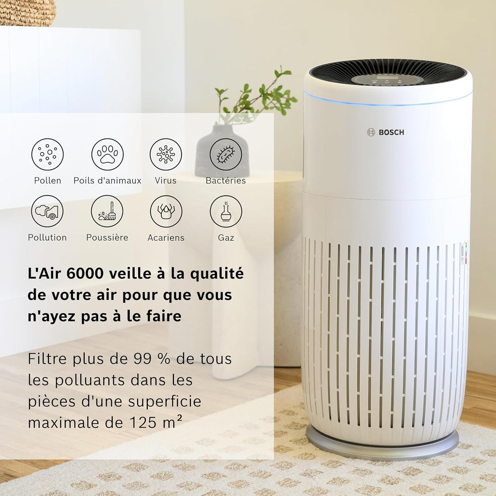 Bosch Air 6000 Purificateur d'air  Filtre à Air  Mode Sommeil < 25 dB(A) Pour jusqu'à 125 m²  CADR : 600 m³/h