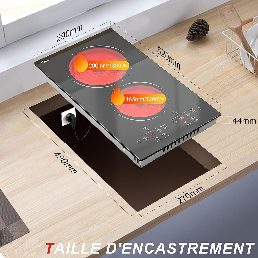 Plaque de cuisson Vitrocéramique 2 Feux avec Prise, 30cm Encastrable, 3000W,  Tactile I9 Niveaux, Minuterie