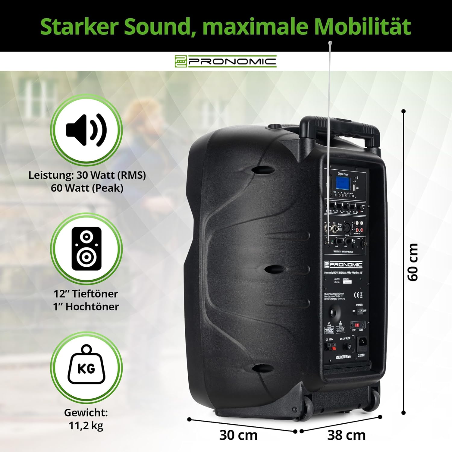 Enceinte  active Système PA Mobile Bluetooth TWS - avec Batterie puissante - 30W (RMS) , Micro sans Fil, Casque et télécommande