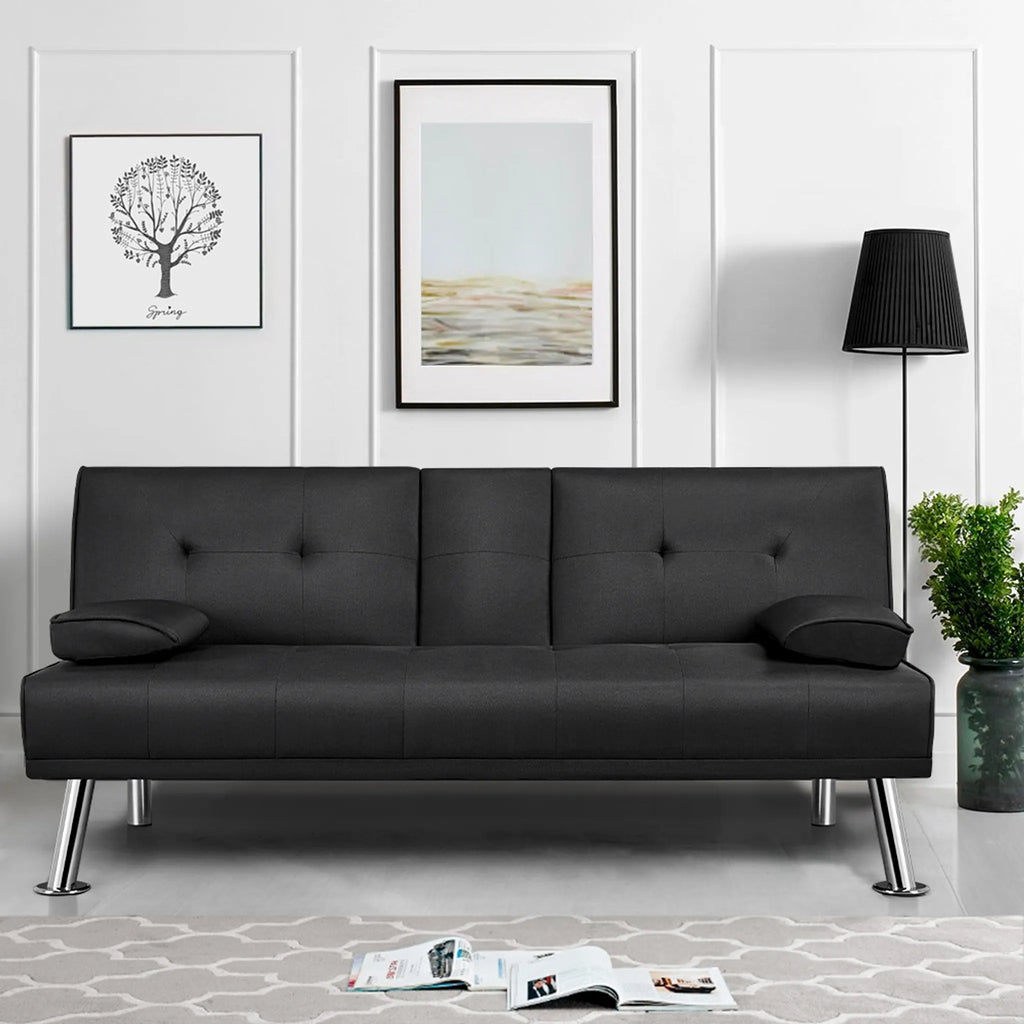 Canapé lit clic clac  noir, 3 places, réglage 3 angles, porte-gobelet  167x94 cm