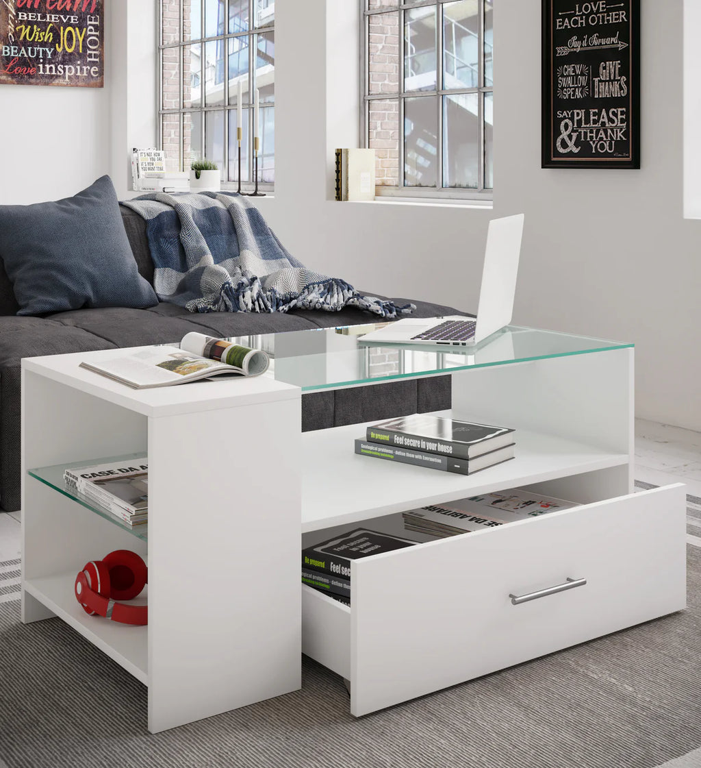 Table basse en bois Tindala» avec tiroir blanche  H. 45 x L. 100 x P. 50 cm