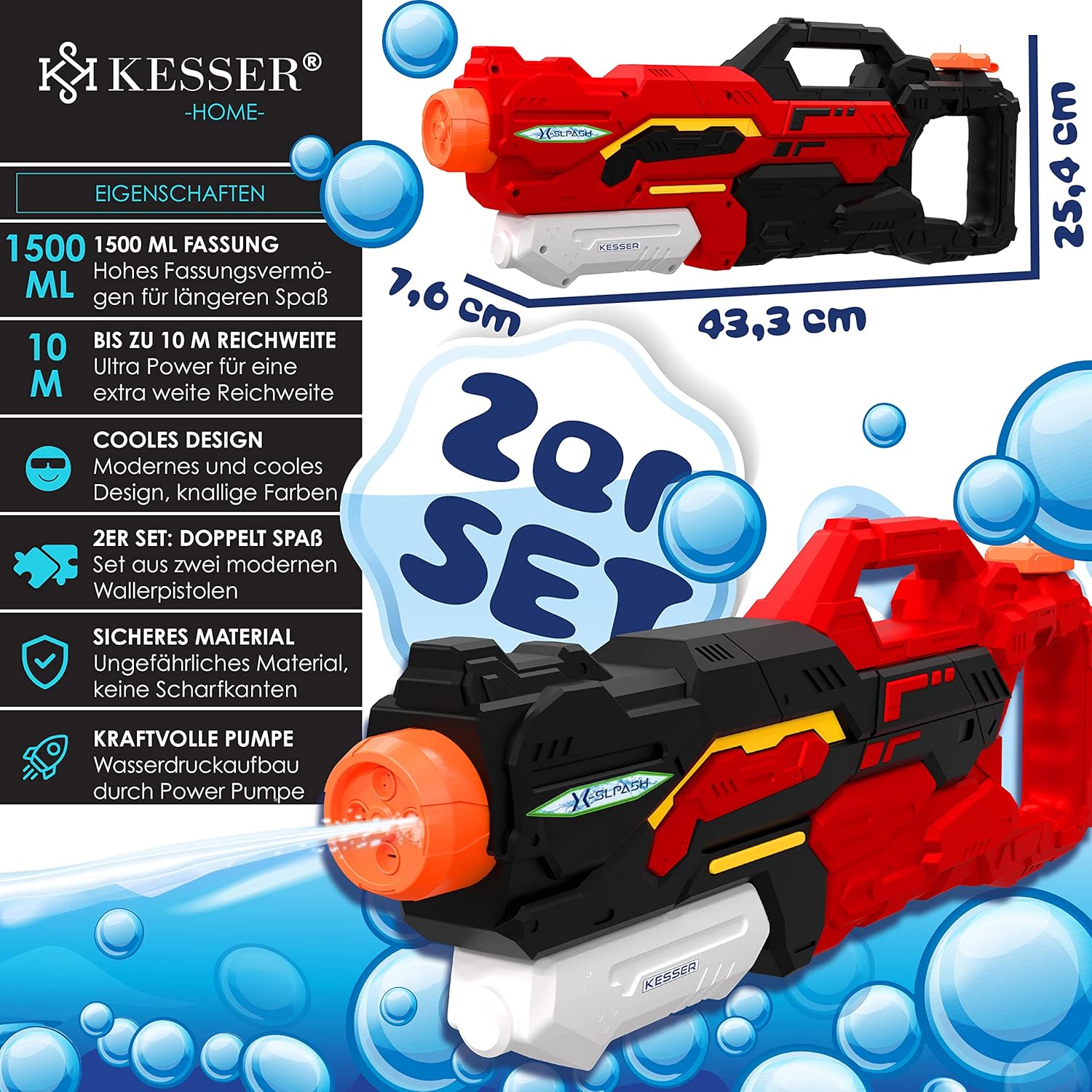 Ensemble de 2 pistolets à eau portée 10-11 mètres, capacité 1500 ml