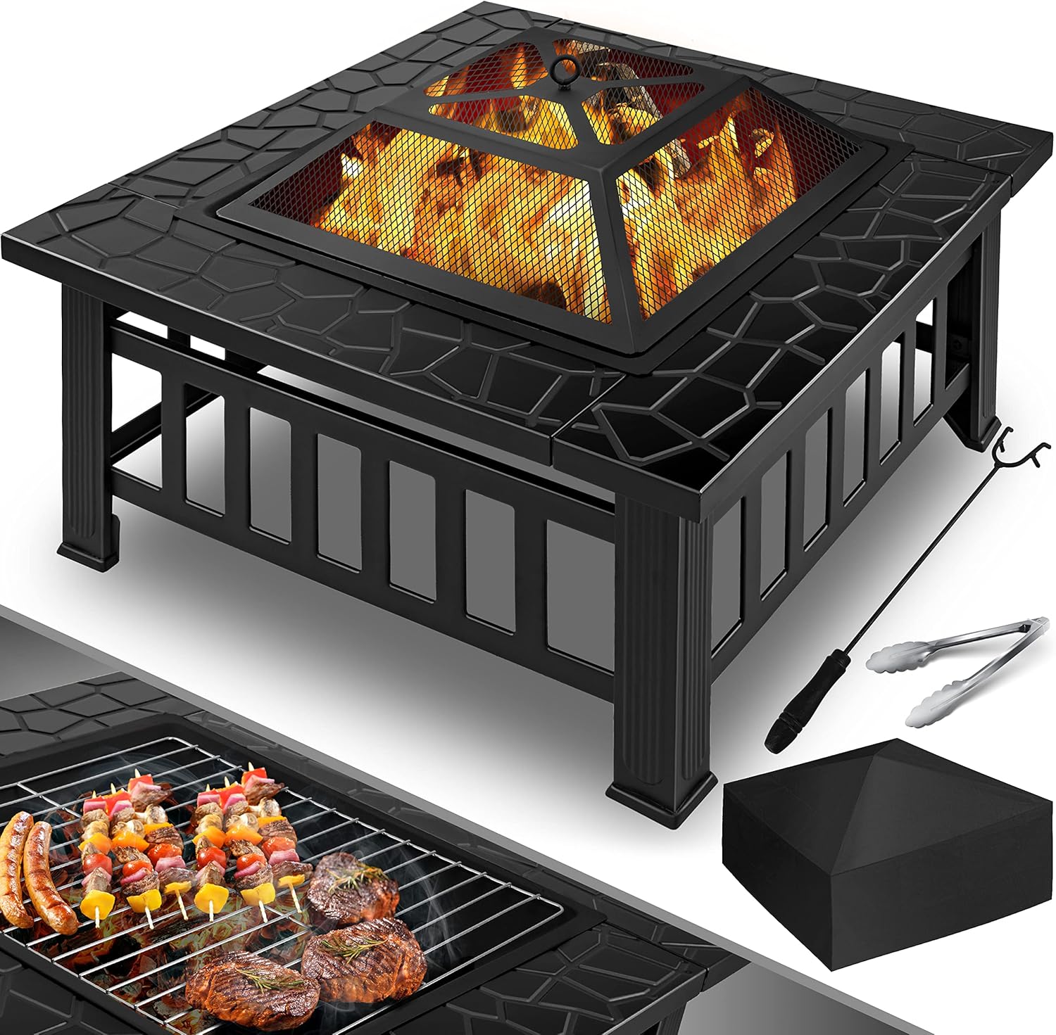 Brasero, 3 en 1 Foyer Multifonctions Chauffage/Barbecue en métal avec Housse de Protection
