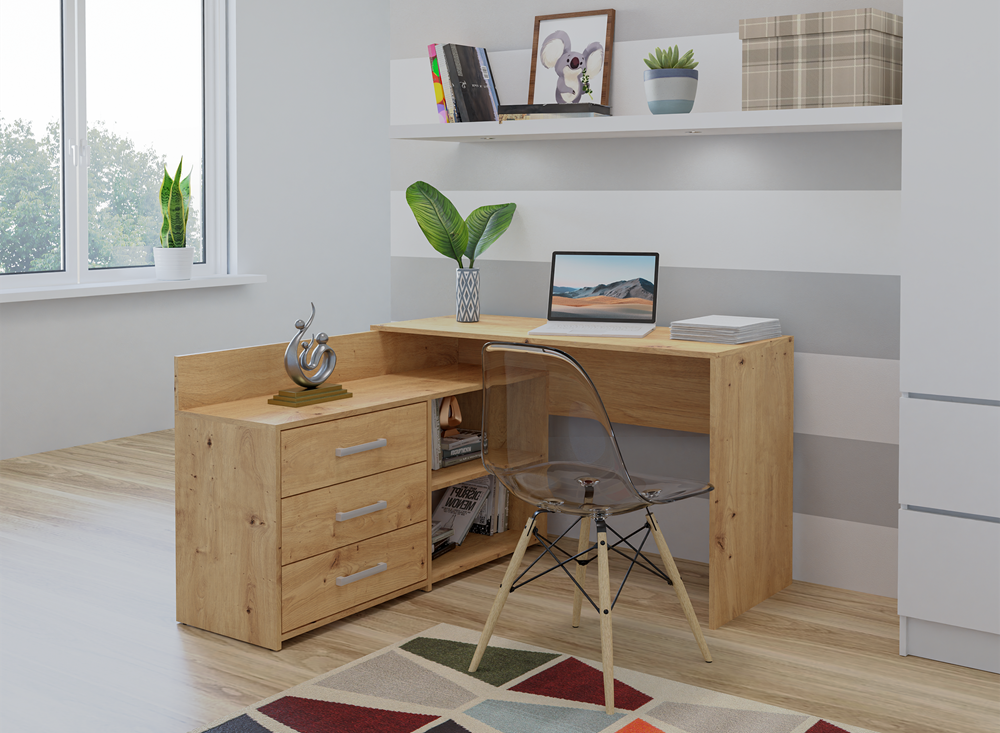 Bureau d'angle 3 tiroirs bois chêne 120x50x76 Cm
