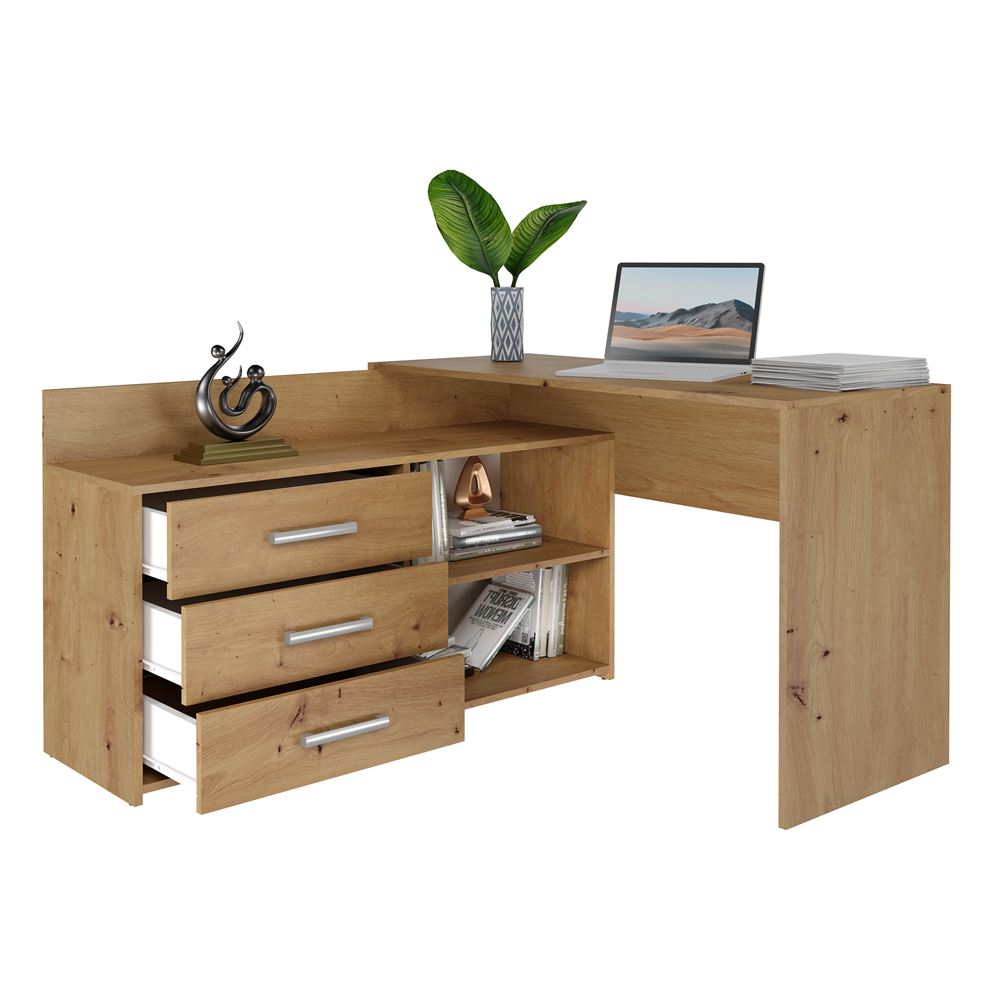 Bureau d'angle 3 tiroirs bois chêne 120x50x76 Cm