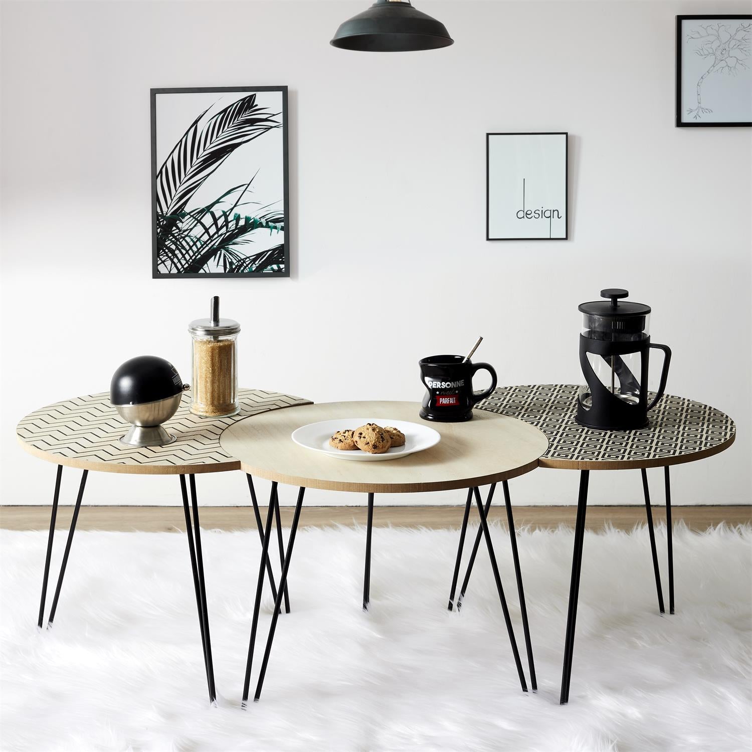 Trio De Tables Gigognes - Beige Et Noire - H. 36cm