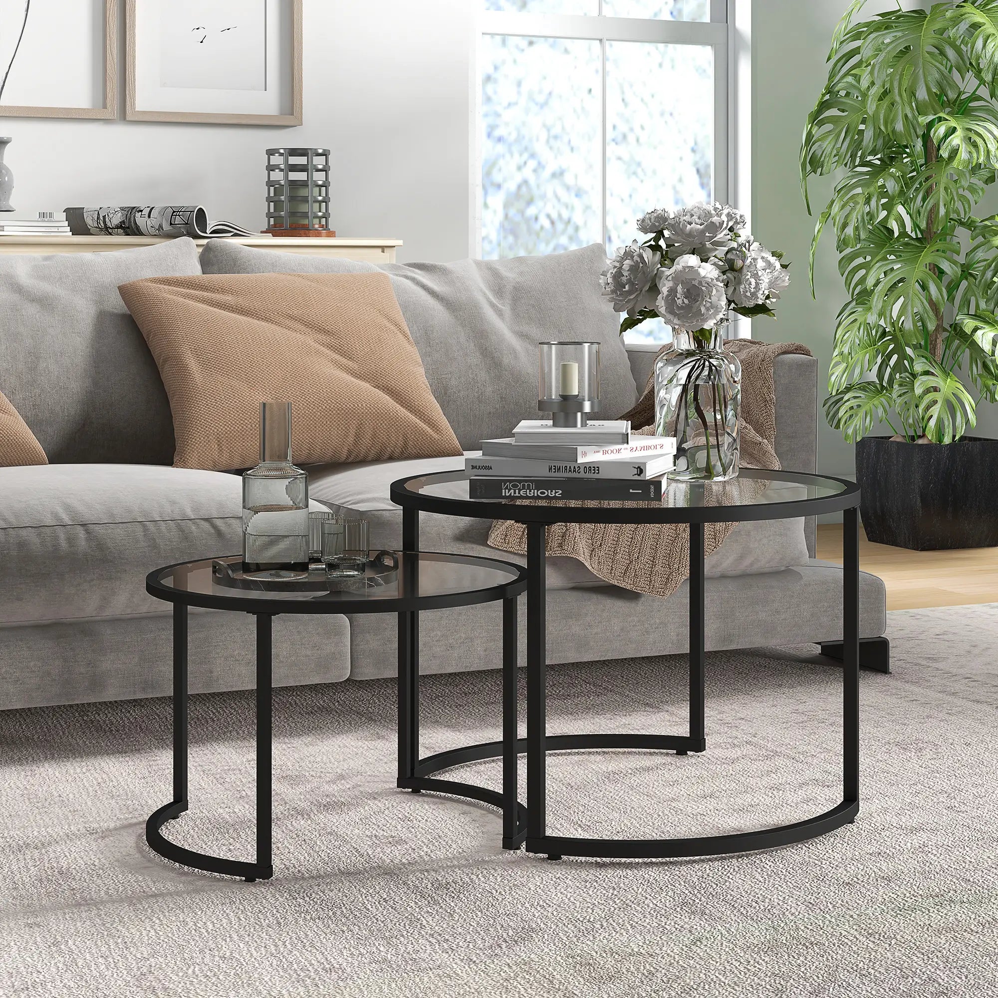 Lot de 2 Tables Basses gigognes Rondes 70/54 cm Plateau Verre trempé et Pied en Acier au Carbone Design Moderne Noir