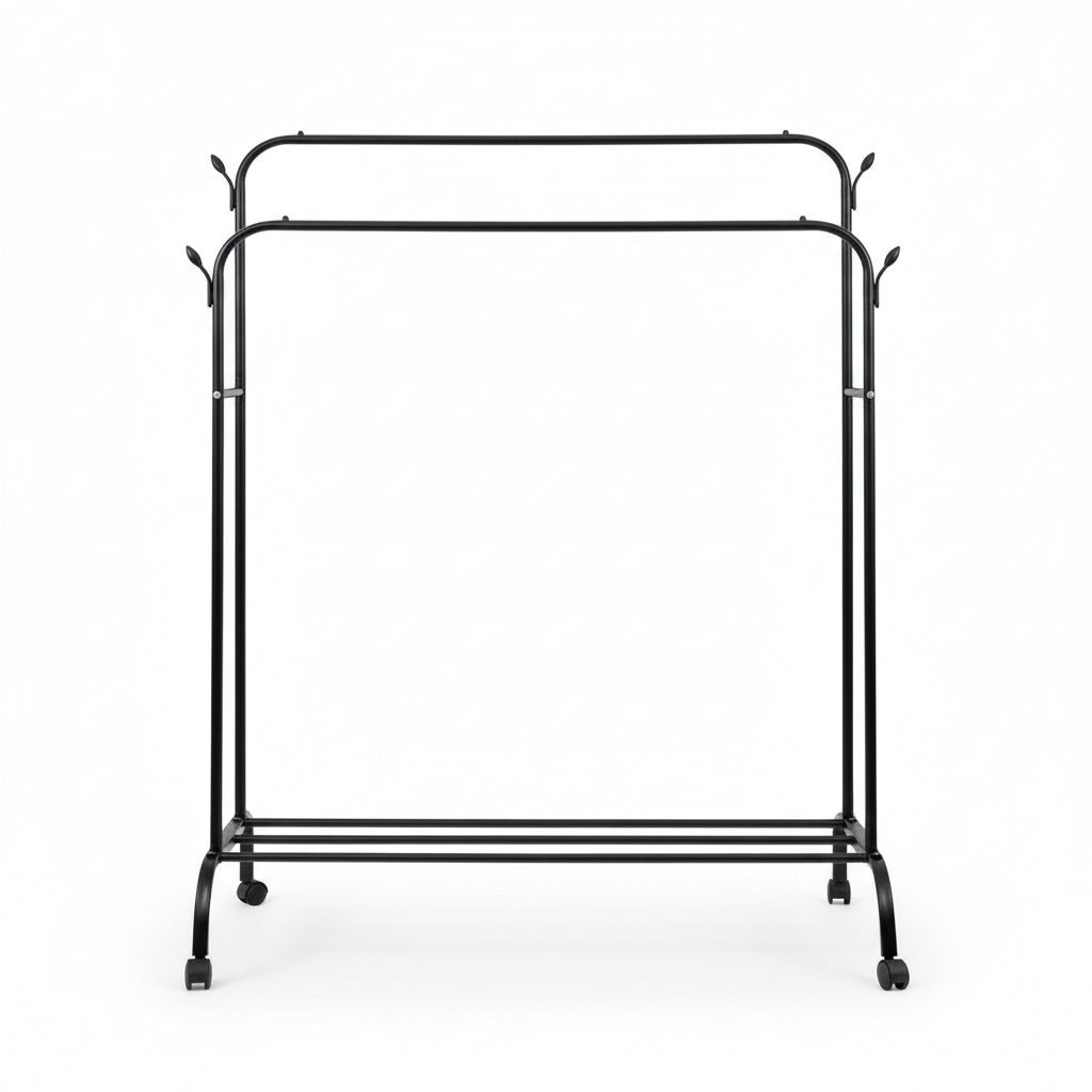 Porte Manteau Noir Sur Roulettes Avec Double Barre Et Étagère 150 x 110 x 57 cm