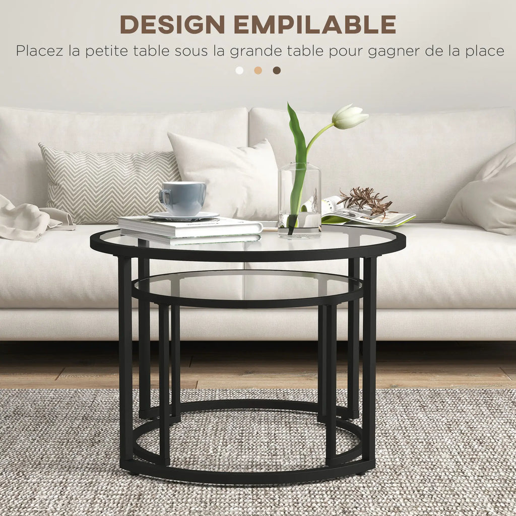 Lot de 2 Tables Basses gigognes Rondes 70/54 cm Plateau Verre trempé et Pied en Acier au Carbone Design Moderne Noir
