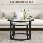 Lot de 2 Tables Basses gigognes Rondes 70/54 cm Plateau Verre trempé et Pied en Acier au Carbone Design Moderne Noir