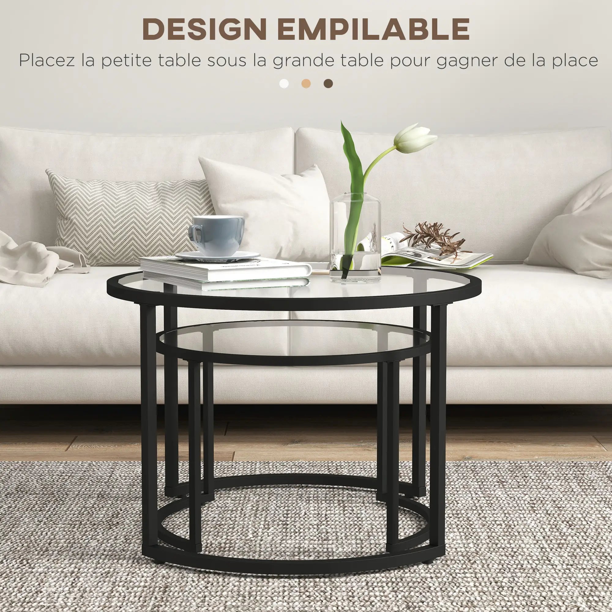 Lot de 2 Tables Basses gigognes Rondes 70/54 cm Plateau Verre trempé et Pied en Acier au Carbone Design Moderne Noir