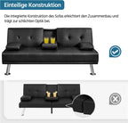 Canapé convertible 3 places avec porte-gobelet  167 x 81,5 x 75 cm simili cuir noir
