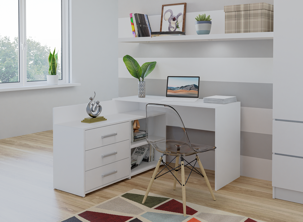 Bureau d'angle 3 tiroirs blanc 120x50x76 Cm