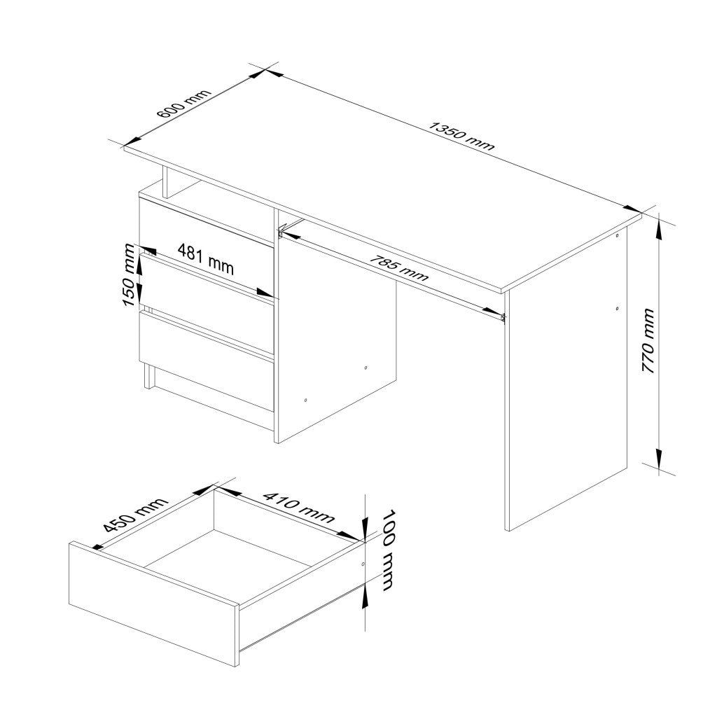 Bureau 3 tiroirs 135 cm blanc 135x77x60 cm