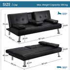 Canapé convertible 3 places avec porte-gobelet  167 x 81,5 x 75 cm simili cuir noir