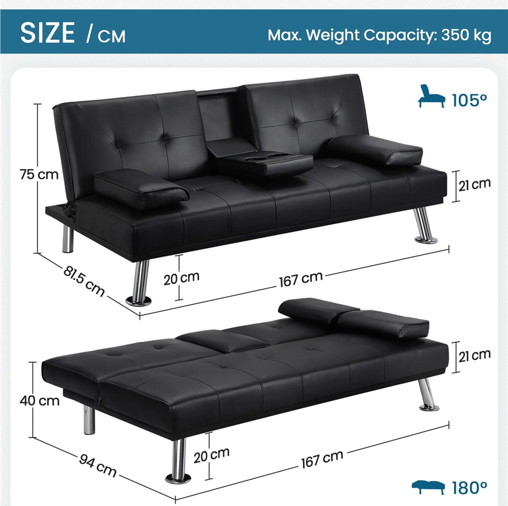 Canapé convertible 3 places avec porte-gobelet  167 x 81,5 x 75 cm simili cuir noir
