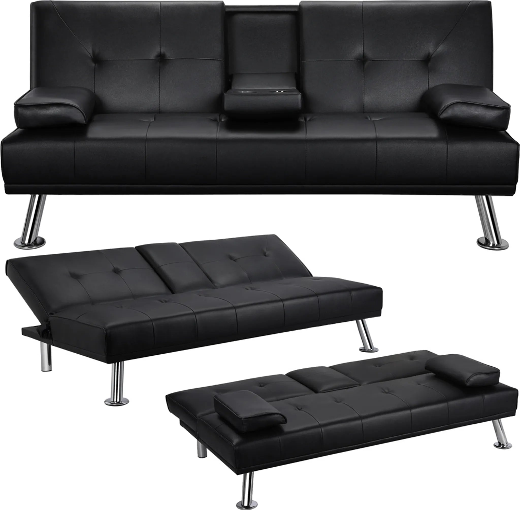 Canapé convertible 3 places avec porte-gobelet  167 x 81,5 x 75 cm simili cuir noir