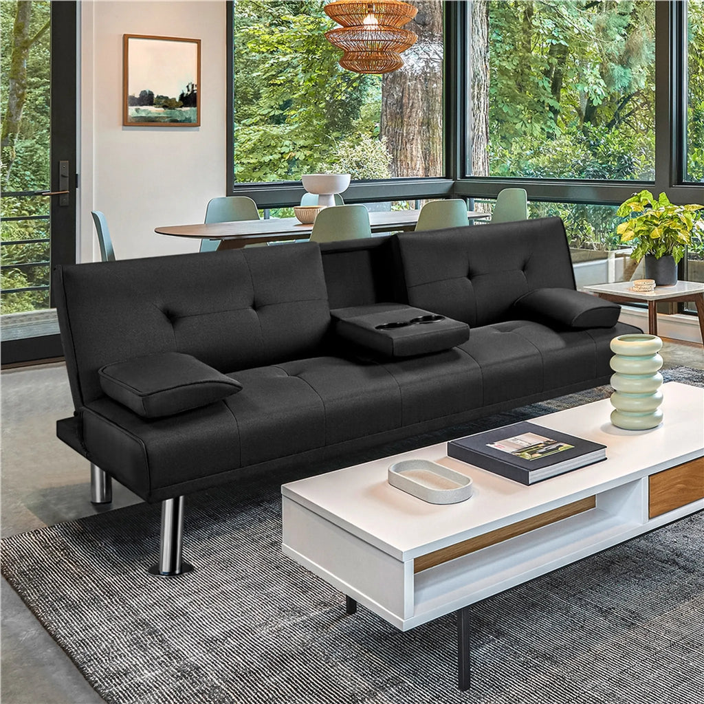 Canapé lit clic clac  noir, 3 places, réglage 3 angles, porte-gobelet  167x94 cm