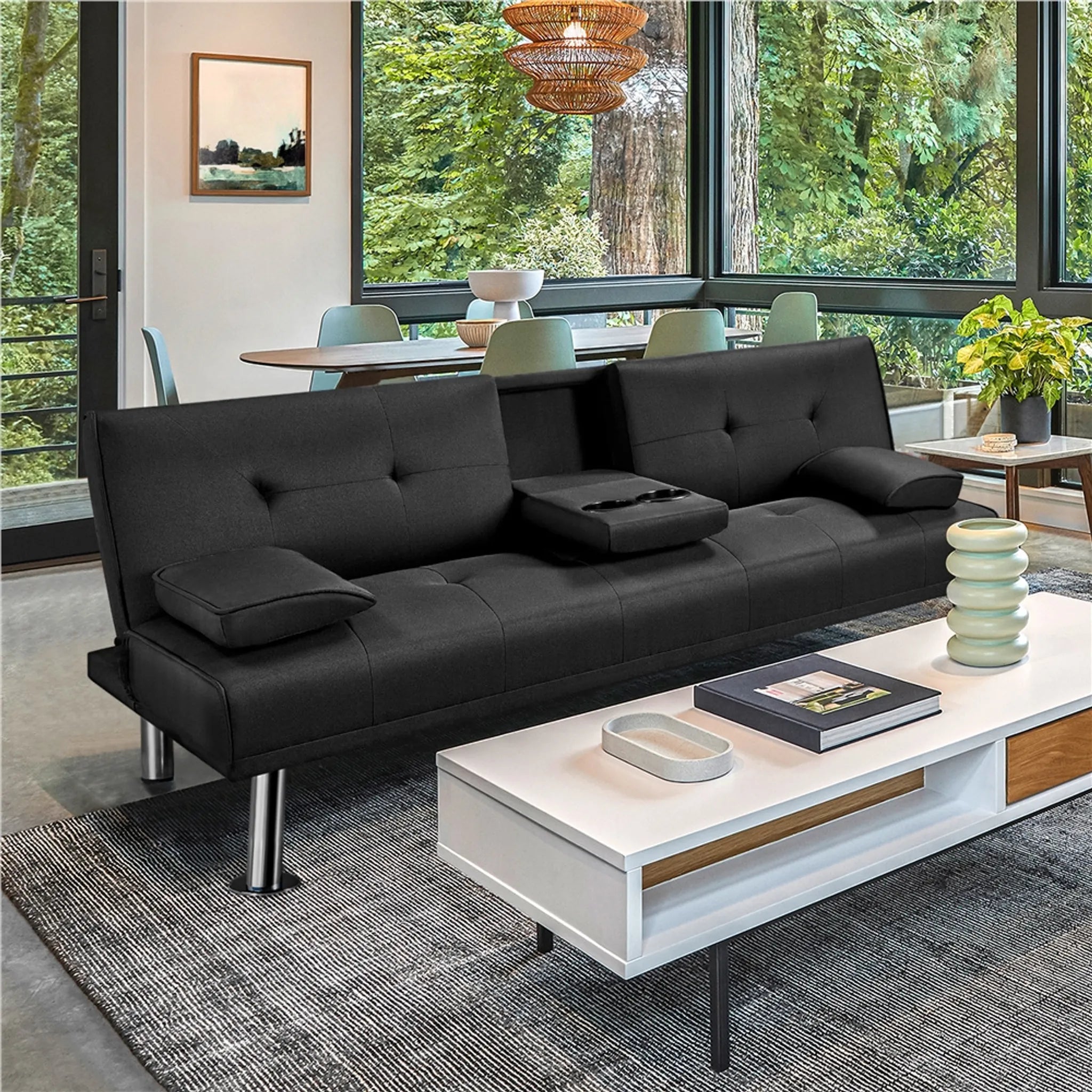 Canapé lit clic clac  noir, 3 places, réglage 3 angles, porte-gobelet  167x94 cm
