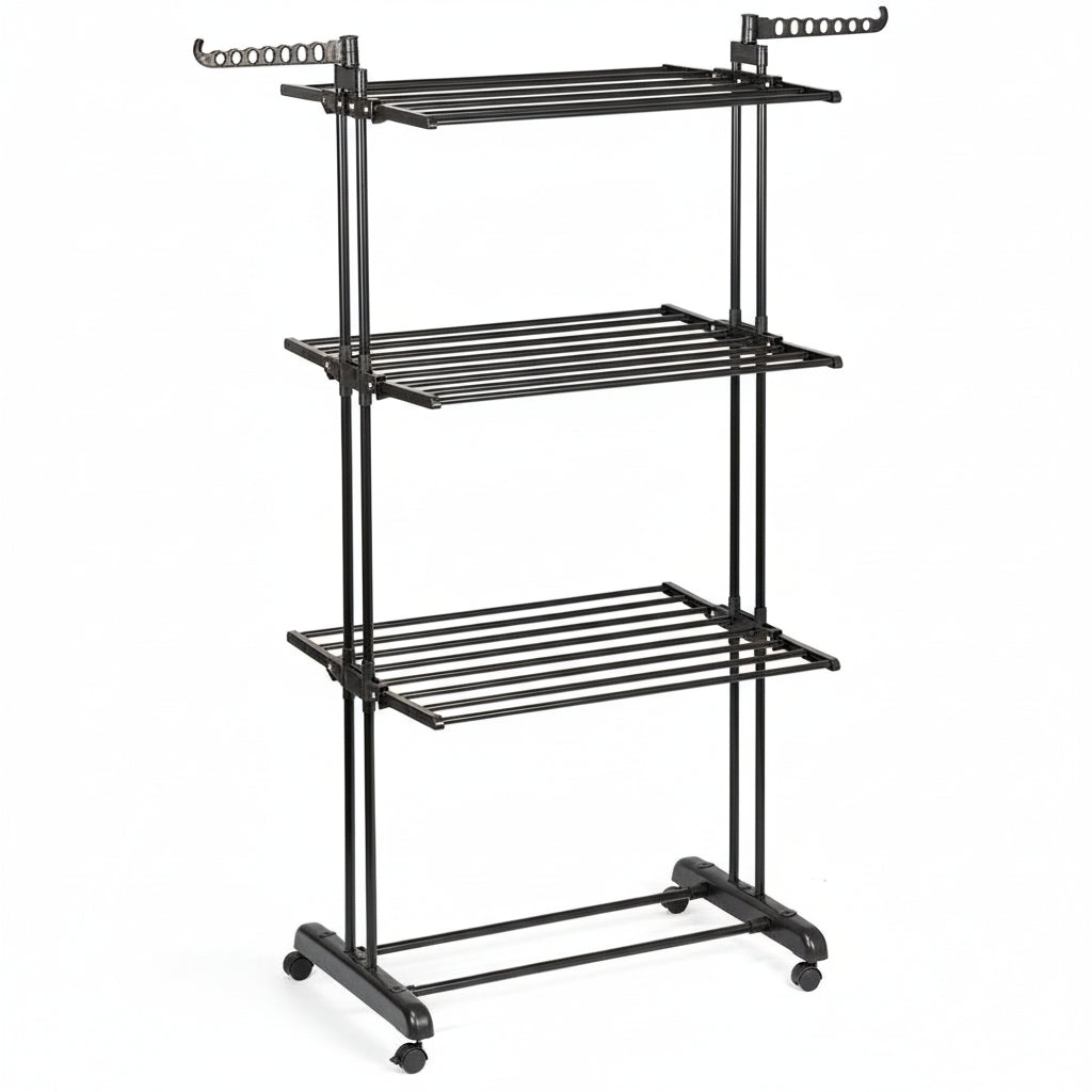 Etendoir a linge vertical en métal noir sur roulettes 125 x 170 cm