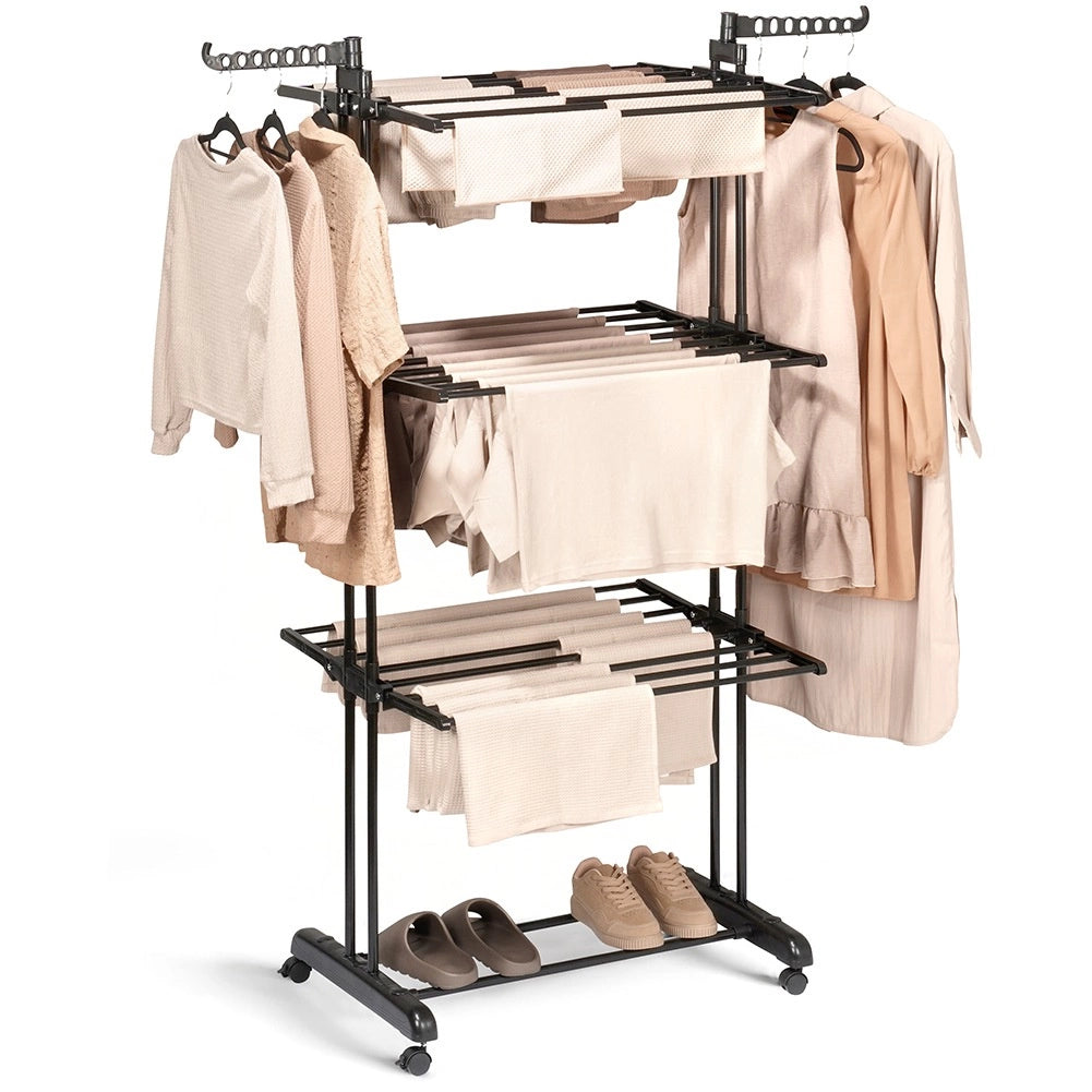 Etendoir a linge vertical en métal noir sur roulettes 125 x 170 cm