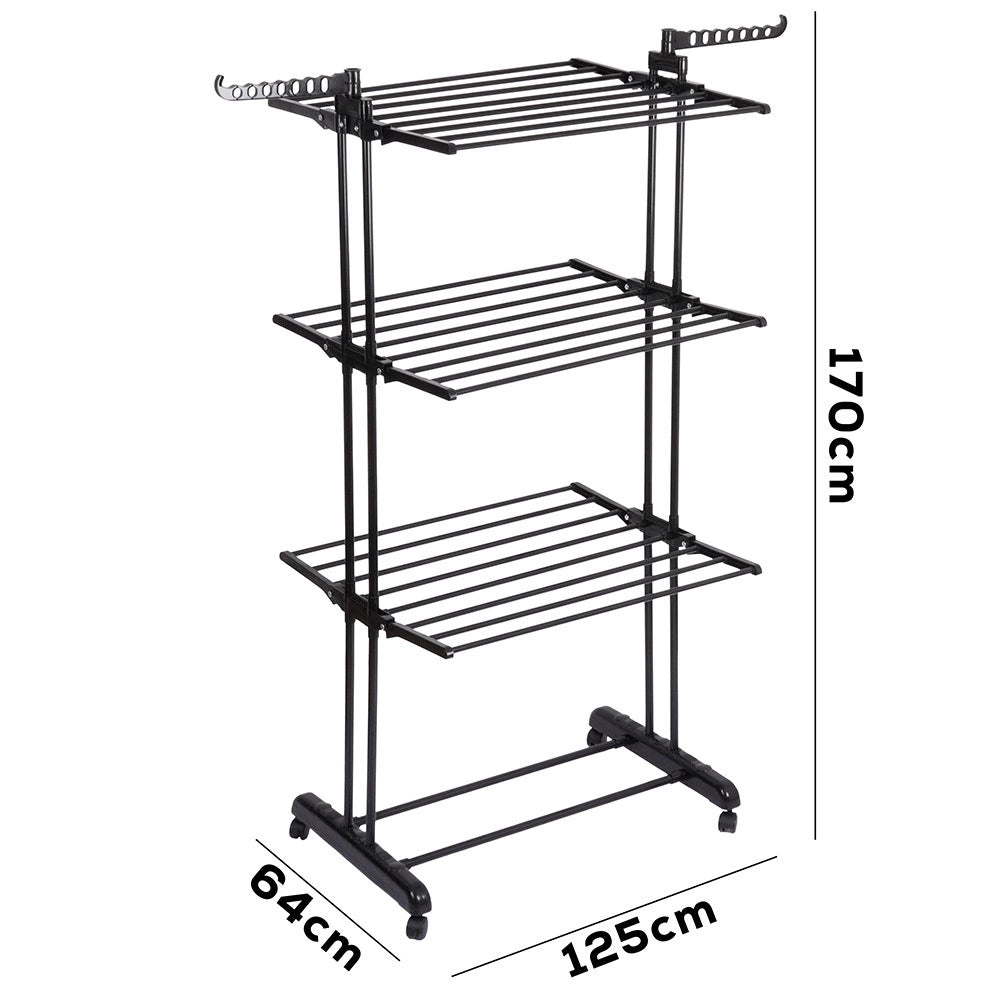 Etendoir a linge vertical en métal noir sur roulettes 125 x 170 cm