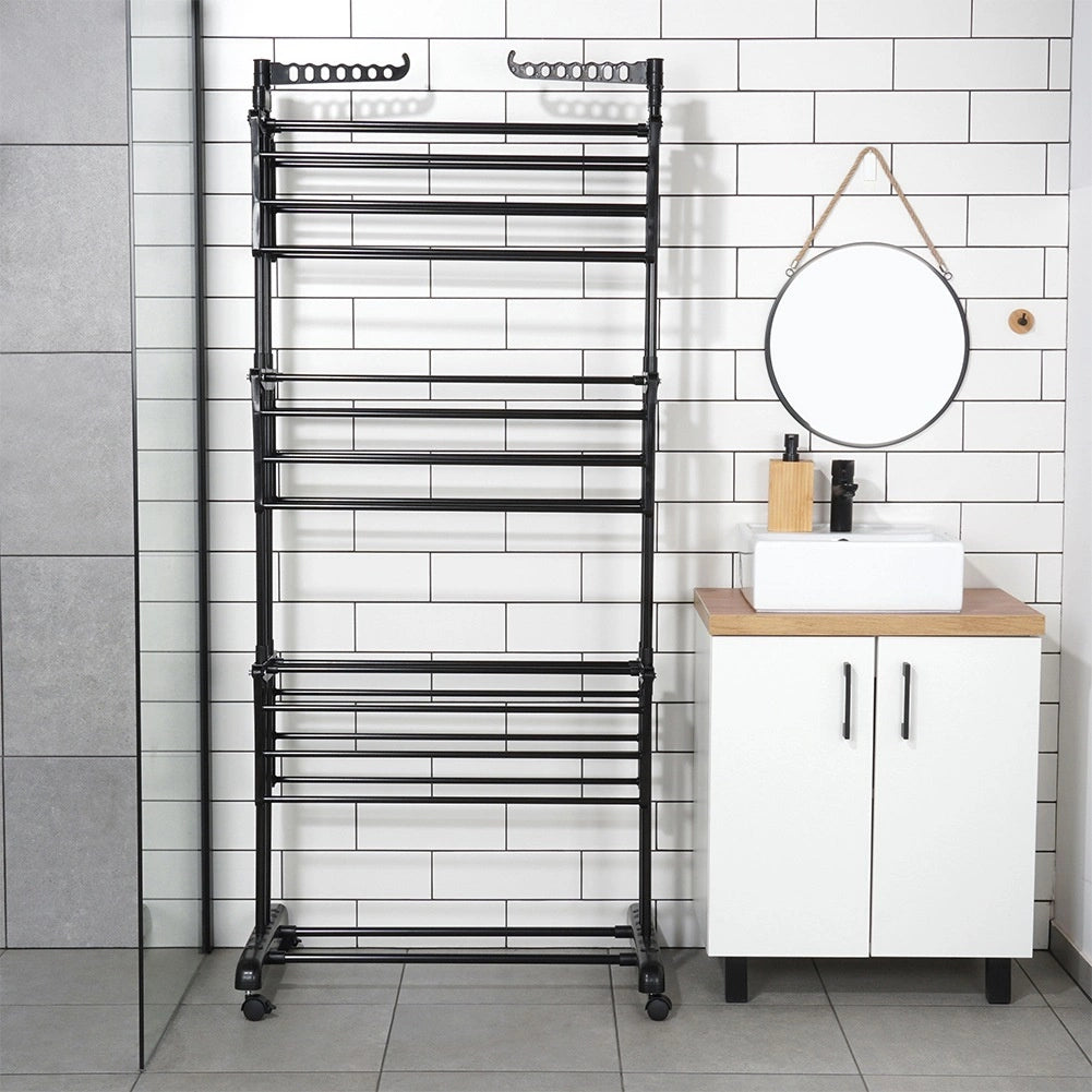 Etendoir a linge vertical en métal noir sur roulettes 125 x 170 cm
