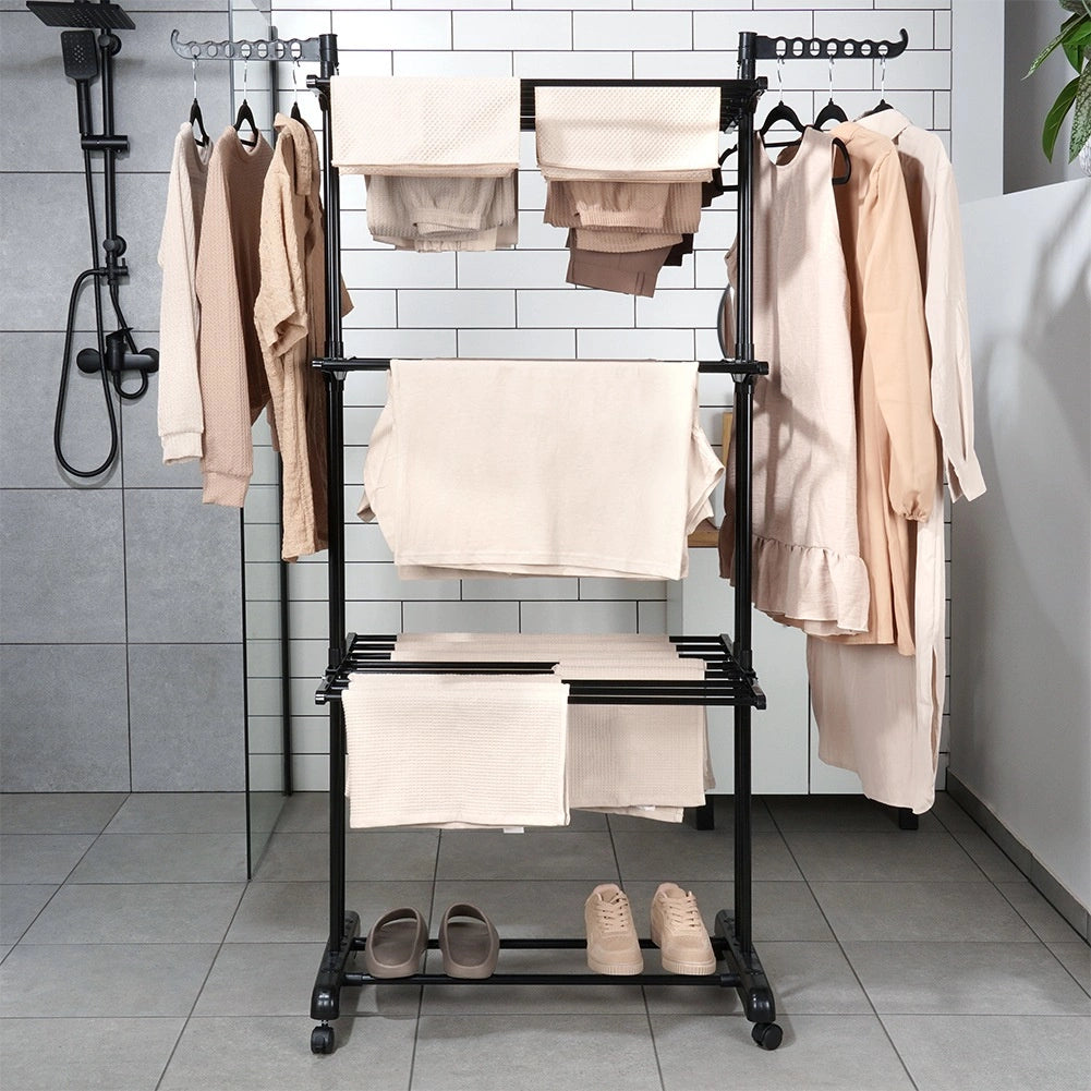 Etendoir a linge vertical en métal noir sur roulettes 125 x 170 cm