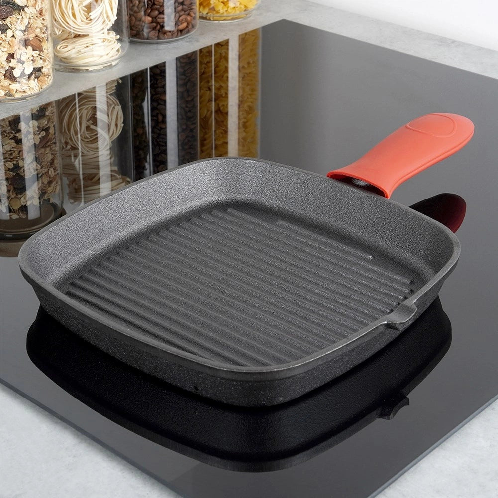 Poêle  a  grill carrée en fonte avec poignée silicone 24,5 x 24 cm