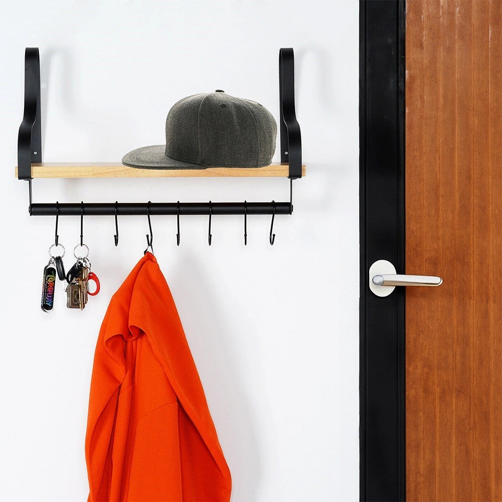 Étagère murale en bois avec rail et crochets, 43 x 18 x 26 cm