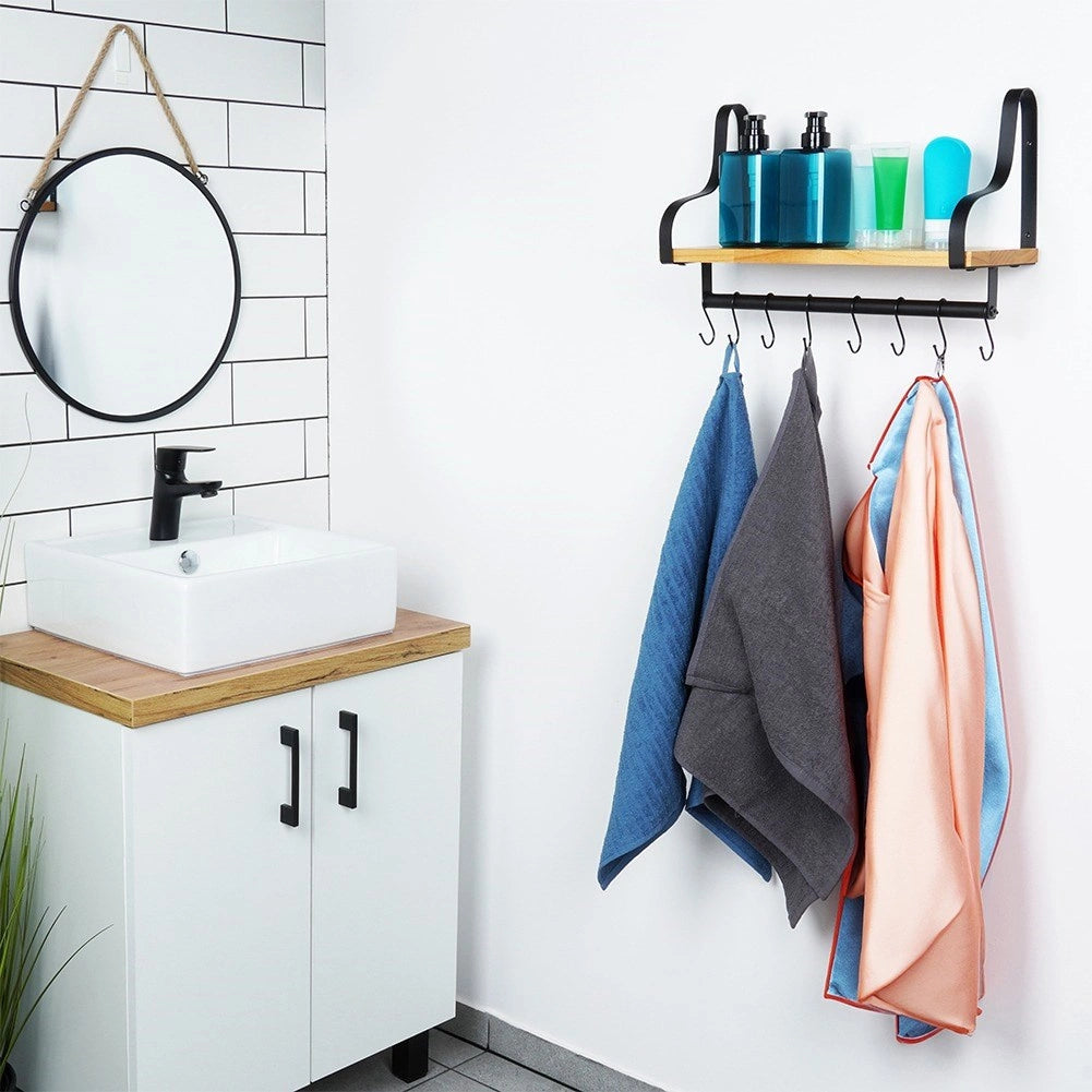 Étagère murale en bois avec rail et crochets, 43 x 18 x 26 cm