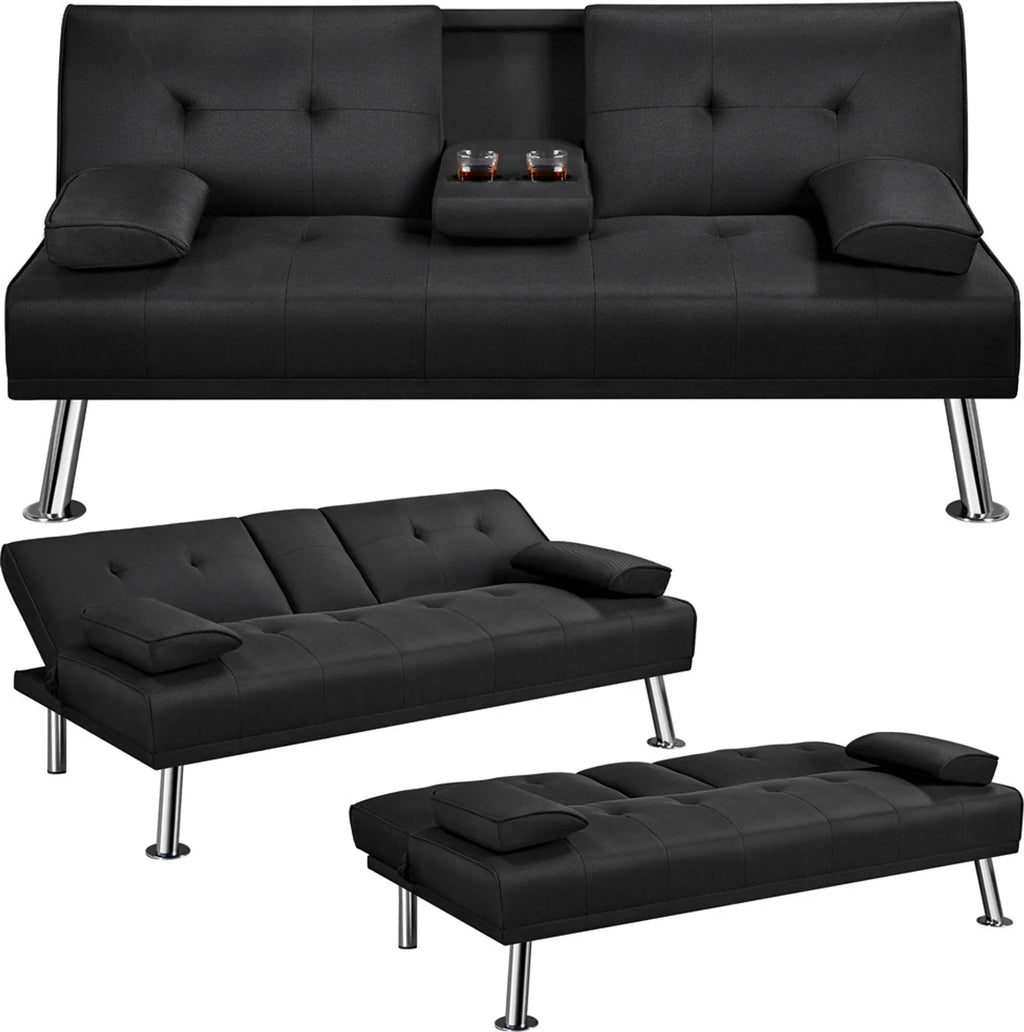 Canapé lit clic clac  noir, 3 places, réglage 3 angles, porte-gobelet  167x94 cm