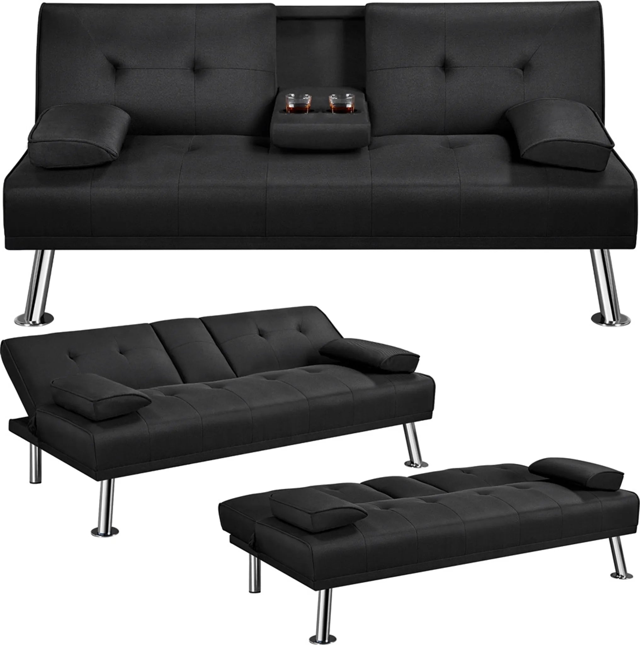 Canapé lit clic clac  noir, 3 places, réglage 3 angles, porte-gobelet  167x94 cm
