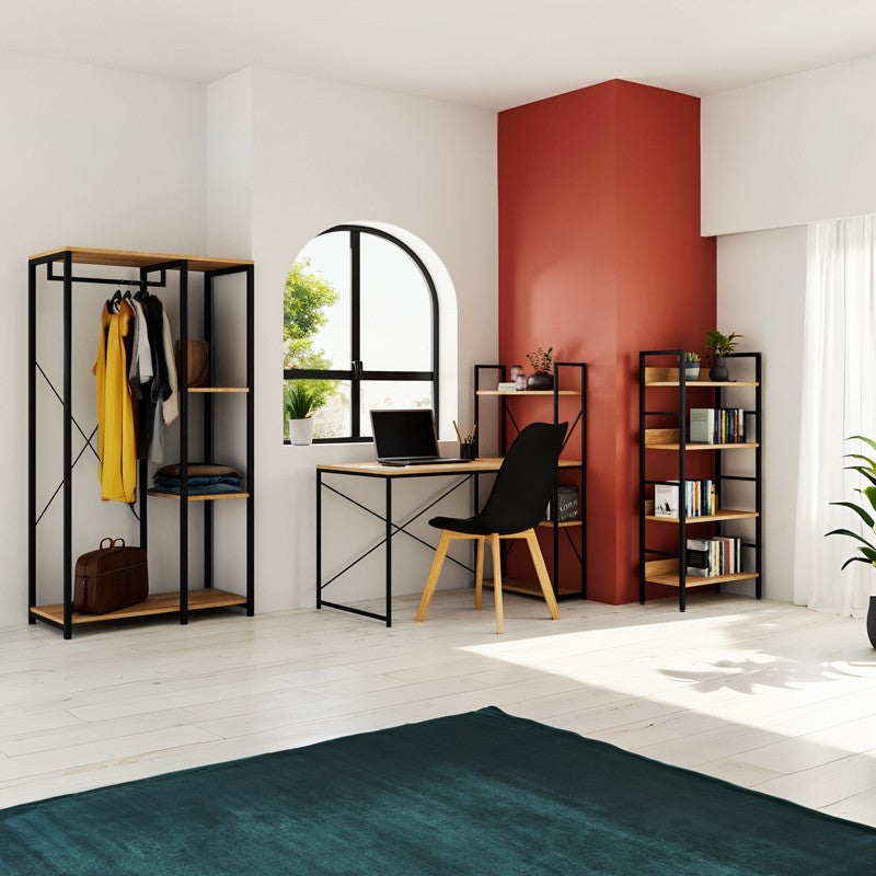 Bureau réversible avec étagères chêne avec structure en métal noir 122x64x120 cm