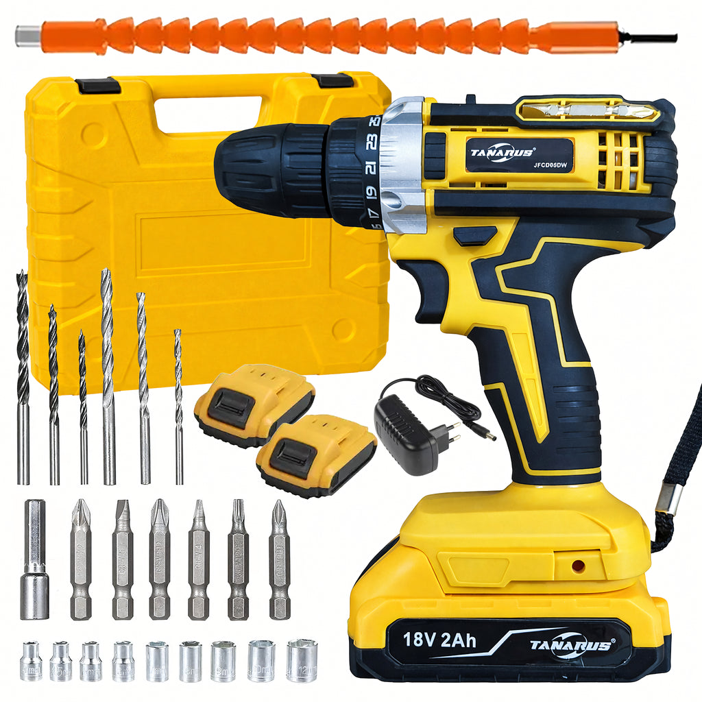 Perceuse-visseuse sans fil, coffret, 2 batteries Aku 18 V 2 Ah avec LED et accessoires